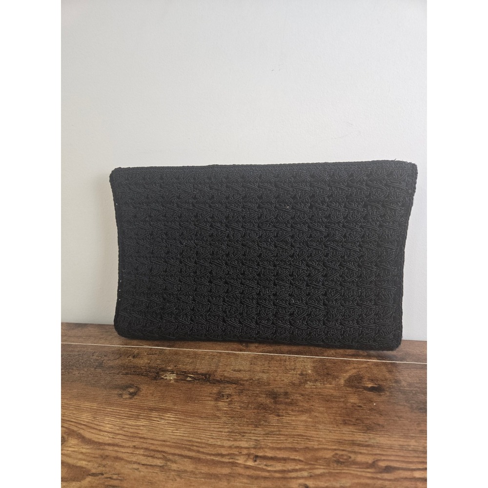 Vintage Black Woven Textured Cord Zip Top Evening Clutch Bag Handbag Large
